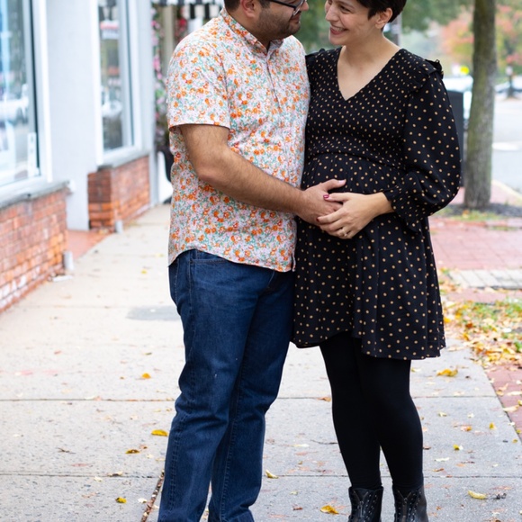 Madewell Smocked V-Neck Tunic Dress - Medium, Black with Tan Polka Dots - Picture 1 of 9